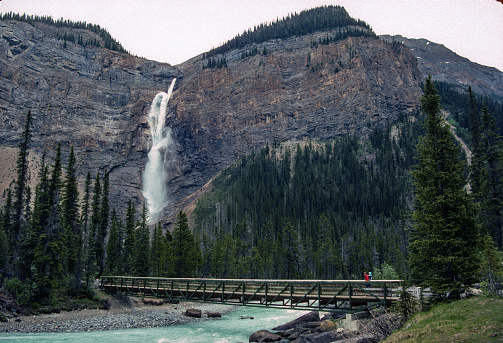 Yoho National Park - Takakkaw Falls & Bridge - 1989. Scanned from Kodachrome 64 slide.