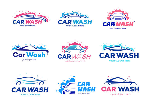 illustrations, cliparts, dessins animés et icônes de lavage de voiture logotype vectoriel ensemble couleur plat style - car cleaning blue water