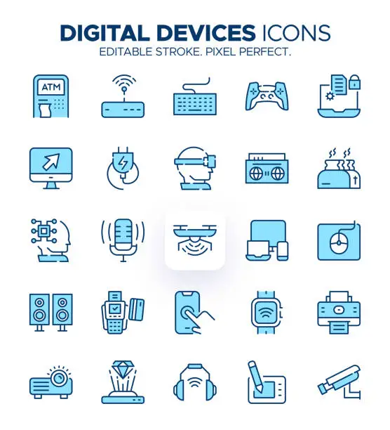 Vector illustration of Digital Devices Icons - Smart Technology, Electronics and Tech Gadgets Symbols