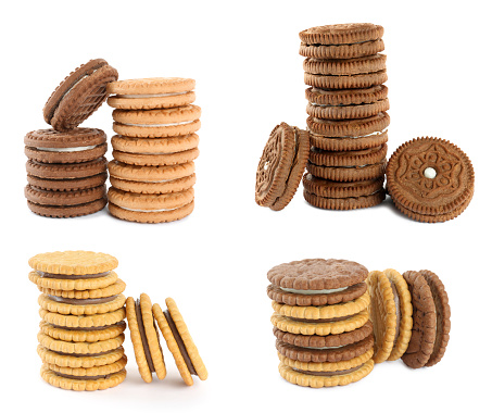 Different tasty sandwich cookies with cream on white background, collage