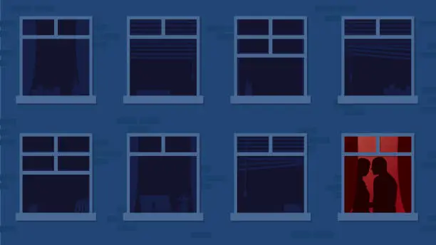 Vector illustration of Secret lovers kissing at the window