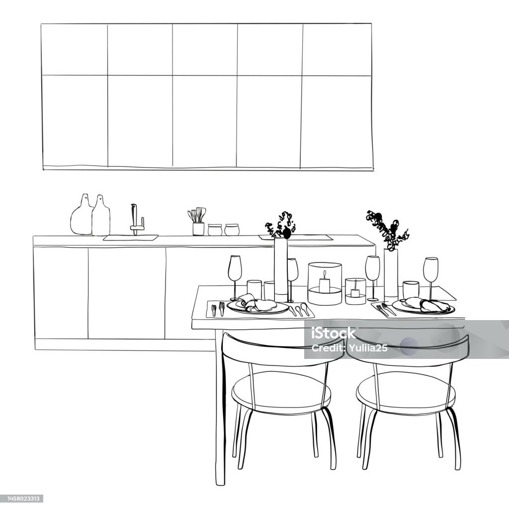 Kitchen Interior Drawing Vector Illustration Stock Illustration ...