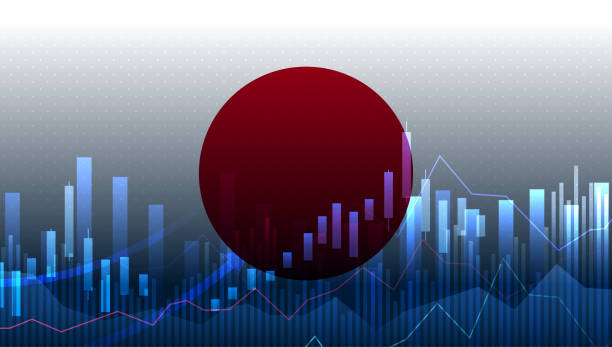 streszczenie wykres świecowy biznesu wykres finansowy z przesuwaniem się w górę wykres strzałki na giełdzie z flagą japonii na niebieskim tle - financial occupation graph chart blue stock illustrations