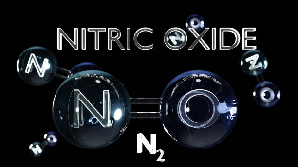 óxido nítrico, no, modelo molecular, fórmula química. óxido de nitrógeno, monóxido de nitrógeno u oxidonitrógeno. bola y palo, fórmula estructural de monóxido de oxígeno nítrico, azoto nitroso y oxígeno, renderizado 3d - nitric oxide fotografías e imágenes de stock