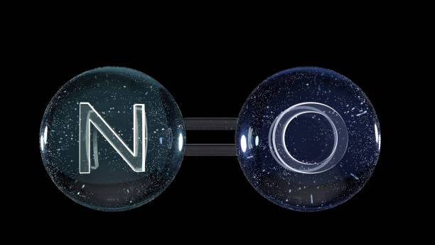 óxido nítrico, no, modelo molecular, fórmula química. óxido de nitrógeno, monóxido de nitrógeno u oxidonitrógeno. bola y palo, fórmula estructural de monóxido de oxígeno nítrico, azoto nitroso y oxígeno, renderizado 3d - nitric oxide fotografías e imágenes de stock