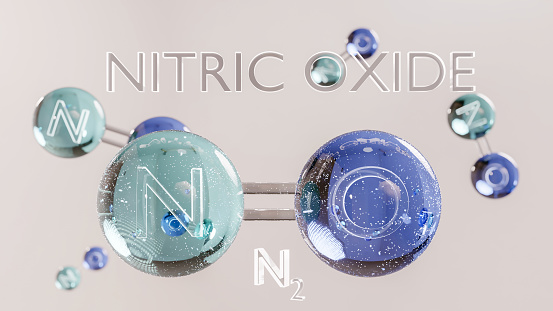 Nitric Oxide, NO, molecule model, chemical formula. Nitrogen oxide, nitrogen monoxide or Oxidonitrogen. Ball-and-stick, nitric oxygen monoxide structural formula, nitrous azote and oxygen, 3d render