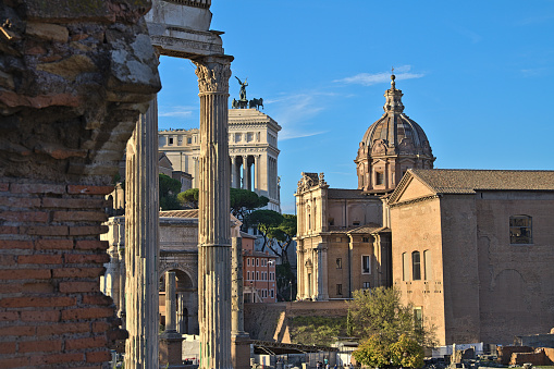 View from the Forum Romanum to the Altare della Patria on a sunny and crowded day