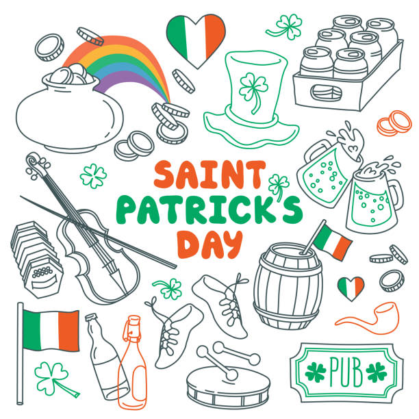 st. patrick's day traditionelle symbole gesetzt. irische musik, flaggen, bierkrüge, klee, pub-dekoration, regenbogen, koboldhut, topf mit goldmünzen. - irish culture republic of ireland st patricks day dancing stock-grafiken, -clipart, -cartoons und -symbole