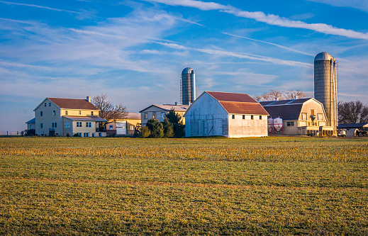 Ronks, Pennsylvania, USA -December 21, 2022- A rising winter sun warms the fields and  buildings of an Amish farm in Lancaster County, Pennsylvania on a cold December morning.