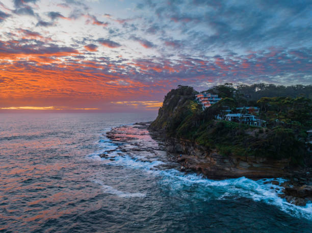 istock Aerial sunrise seacape with clouds and colour 1458041375