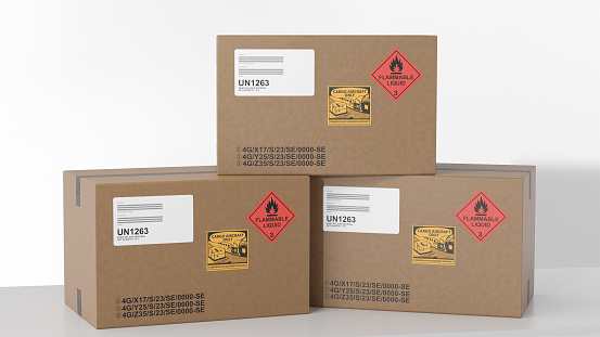 3D illustration of packages containing dangerous goods, flammable.