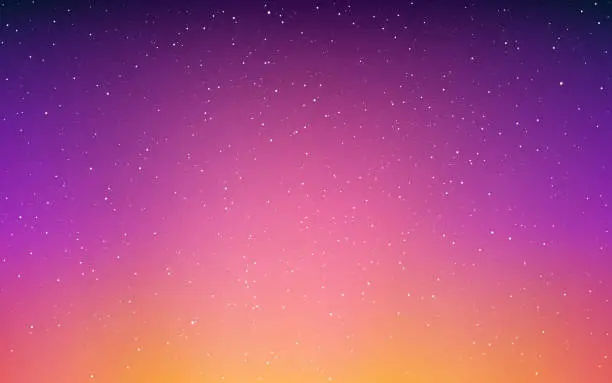 Vector illustration of Sunset with stars. Orange beautiful sky. Blurred night background. Beautiful starry space. Color starry gradient. Realistic evening light. Vector illustration