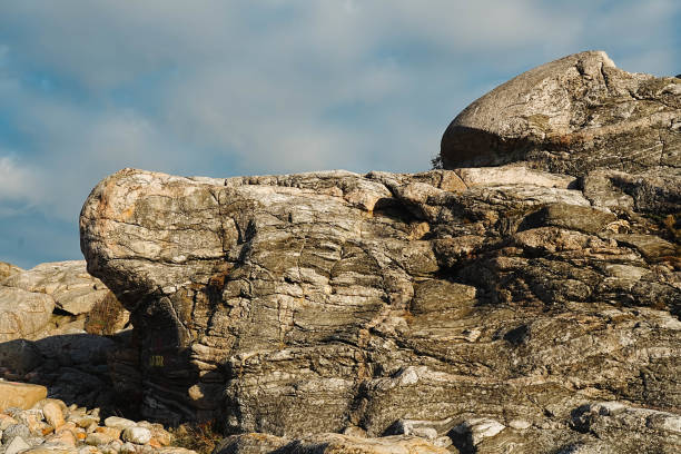 Rocks from volcanic eruptions or mountain formation. Texture of huge boulders smoothed by waves and wind, covered in algae and lichens.