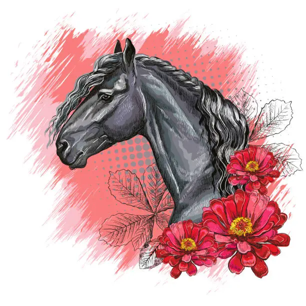 Vector illustration of Portrait of a black horse and flowers vector illustration isolated