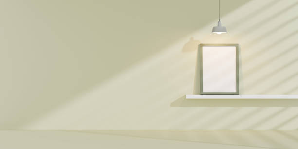 Empty picture frame in room interior in pastel colors Soft scene. Frame mockup in room and shelves with decorations 3d illustration