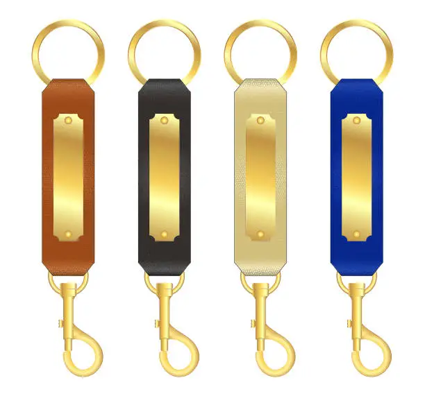 Vector illustration of set of high detailed and realistic steel metallic key chain isolated.