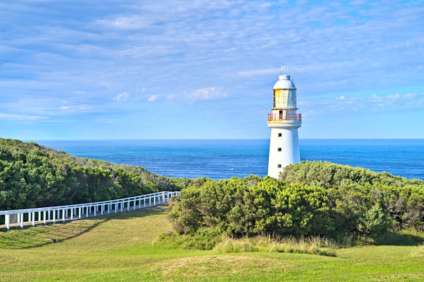 Cape Otway Lighthouse with the sea behind is along the Great Ocean Road and a wonderful spot for photos