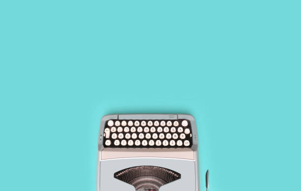 istock Overhead top view of a vintage aqua blue typewriter 1458058532