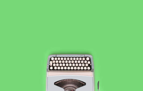 istock Overhead top view of a vintage aqua blue typewriter 1458058533