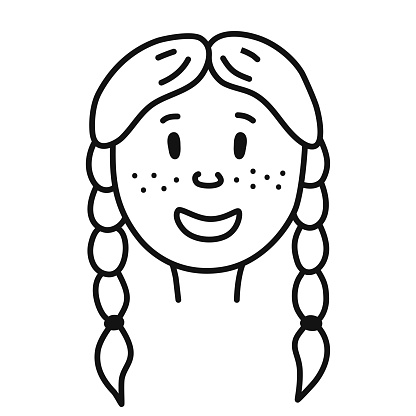 Doodle portrait young girl with pigtails. Hand drawn person avatar. Isolated vector illustration.