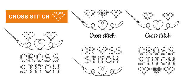 kreuzstichstickerei handgefertigte handarbeit, nähnadel mit zahnseide fadenlinie icon set. baumwollgarn für das nähen hobby. ausgefallenes accessoire. sticktext, herzschmuck. kreatives handwerk. vektor - embroider stock-grafiken, -clipart, -cartoons und -symbole