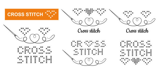 크로스 스티치 자수 수제 바느질, 치실 실 라인 아이콘 세트와 바느질 바늘. 바느질 취미를위한 면사. 팬시워크 액세서리. 자수 텍스트, 하트 장식. 창의적인 수공예품. 벡터 - embroider cross stitch embroidery thread stock illustrations