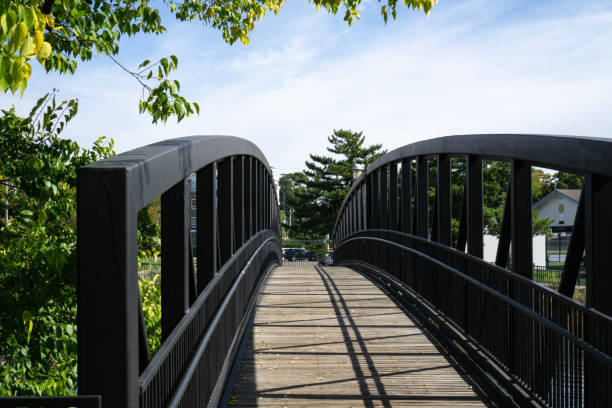 istock Footpath arched bridge with metal black railing in town 1458065800