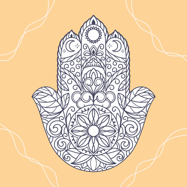 Fatima Hand coloring page. Khamsa, sacred eastern sign, good luck charm. Hamsa religious symbol with all seeing eye. Vintage boho style.Vector illustration