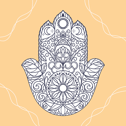 Fatima Hand coloring page. Khamsa, sacred eastern sign, good luck charm. Hamsa religious symbol with all seeing eye. Vintage boho style.Vector illustration