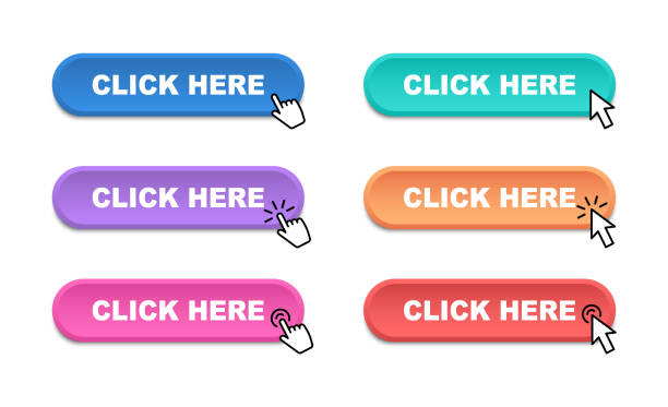 kliknij tutaj przyciski internetowe. nowoczesne przyciski, kliknij tutaj, kliknij wskaźnik ręki. przycisk wezwania do działania. ilustracja wektorowa. - buy push button interface icons computer mouse stock illustrations