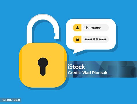 istock Login form page with lock and password. Authentication concept. Login and password form page with lock. User authorization. Username and password fields. Vector 1458075868