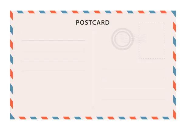Vector illustration of Vintage postcard vector template. Blank travel postcard. Post card frame. Retro mail envelope with stamp.