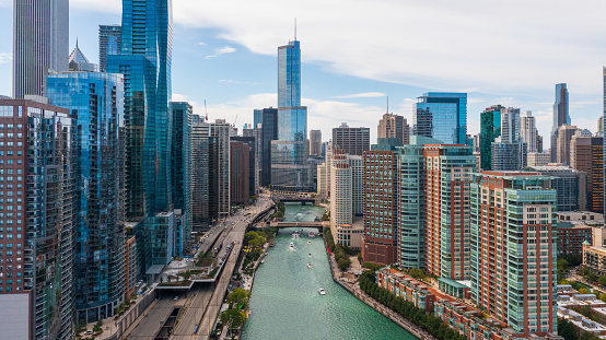 Chicago, IL, USA - September 25, 2021: An aerial view of the Chicago River towards downtown and the River North neighborhood.