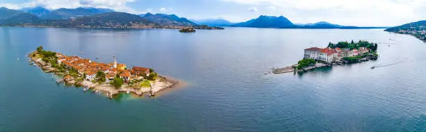 Aerial view of Isola Superiore, or Isola dei Pescatori or Island of the Fishermen in Borromean islands archipelago in Lake Maggiore, Italy, Europe