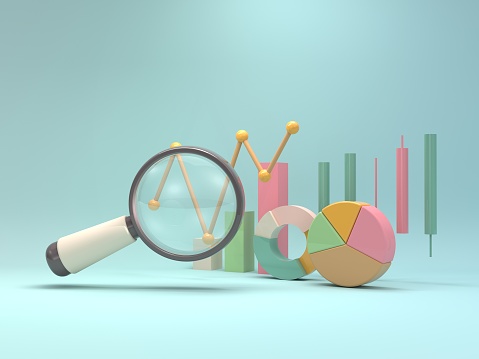 magnifying glass 3d charts and graphs Business strategy concept, business financial data analysis, stock market trend analysis, business strategy concept, 3d illustration