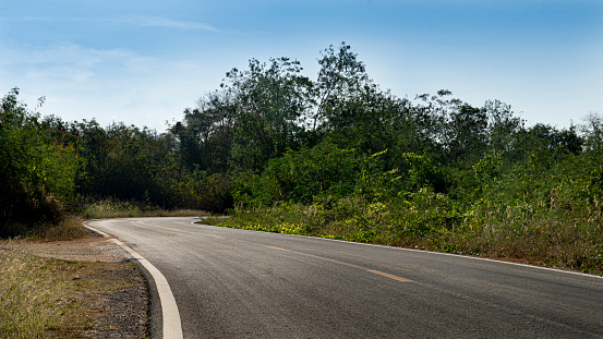 Traffic path of the asphalt road curves long ahead. Beside with green grass and trees under the blue sky.