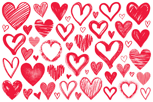 Set of hand drawn red hearts. Brush strokes. Vector design elements isolated on white background.