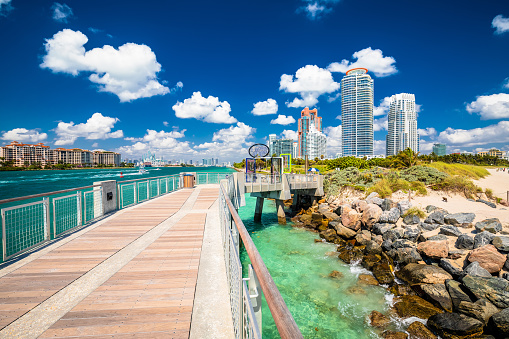 Miami Beach South Pointe pier park colorful waterfront view, Florida state, United States of America
