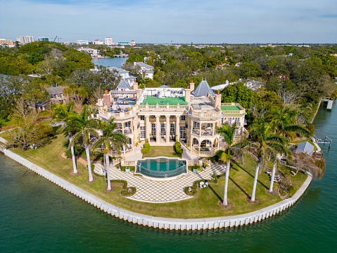 Sarasota, FL, USA - January 18, 2023: Aerial photo luxury waterfront mansion Sarasota Florida