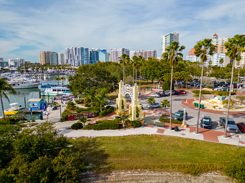 Sarasota, FL, USA - January 18, 2023: Aerial photo Bayfront Park and marina Sarasota FL
