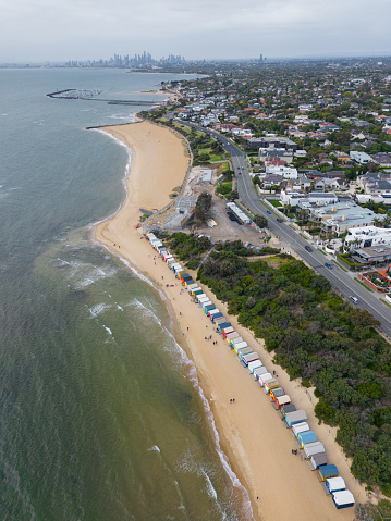 Aerial view of Melbourne skyline and Brighton Beach.