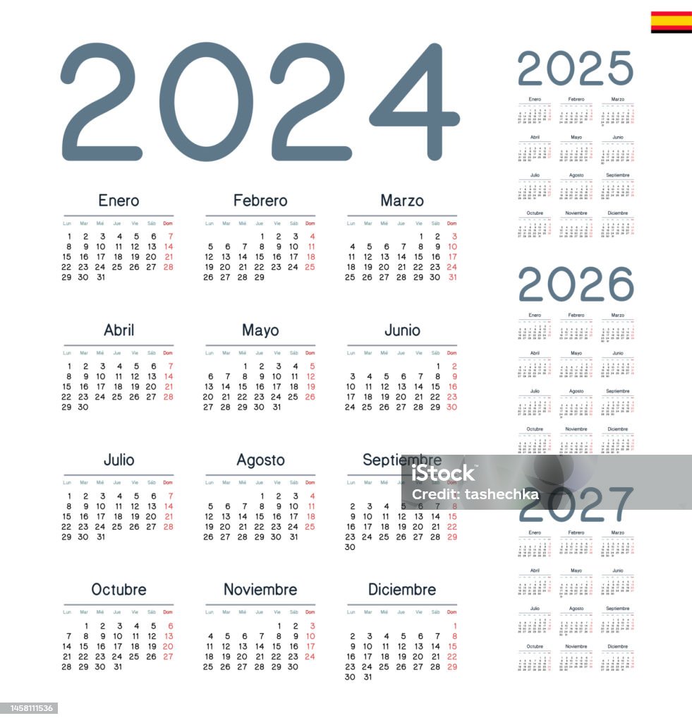Spanish Calendar 2024 2025 2026 2027 Week Starts On Monday Stock Spanish Calendar 2024 2025 2026 2027 Week Starts On Monday Stock