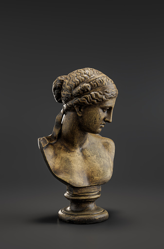 A plaster cast depicting the bust of the Greek goddess Hygeia, who was the patroness of pharmacy. Woman statue. from side view, 3d Rendering, single object