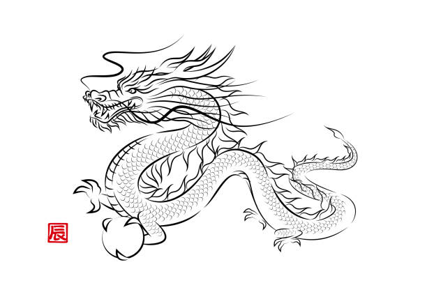 Phong Cách Vẽ Tranh Mực Phong Cách Minh Họa Của Một Con Rồng Thần Thánh Bay  Với Một Quả Bóng Rồng Năm Của Dragon New Year Card Vật Liệu Vector Hình Minh