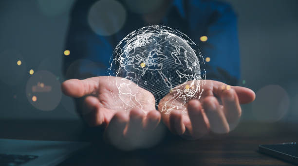 istock Big data analytics and business intelligence concept. Business person holding Global network connection. World map point and line composition of global business. Digital link tech. modern strategy. 1458113972