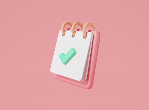 Note book icon isolated on pink background, Remind or checklist and education concept. Stick note, Clipboard, document, 3d Rendering illustration. Minimal style