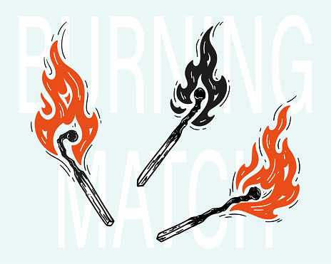 Set of Burning Match Stick. Matchstick Silhouette. Wood Match with Fire Flames. Vector illustration