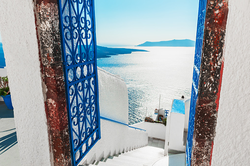 White architecture on Santorini island, Greece. Summer landscape, sea view. Travel and vacations