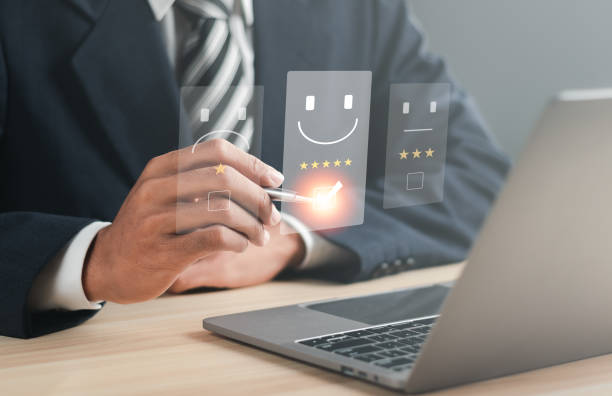 istock Business people rate customer service 5 stars. Customer evaluation. customer satisfaction survey concept 1458121305