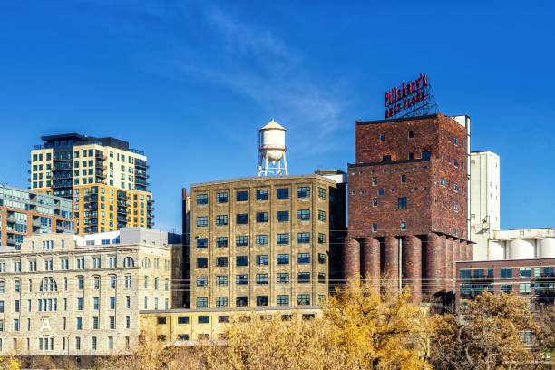 Minneapolis, Minnesota - October 31, 2022: Pillsbury flour mill along the Mississippi River in midwest United States. Produce baking goods and food.